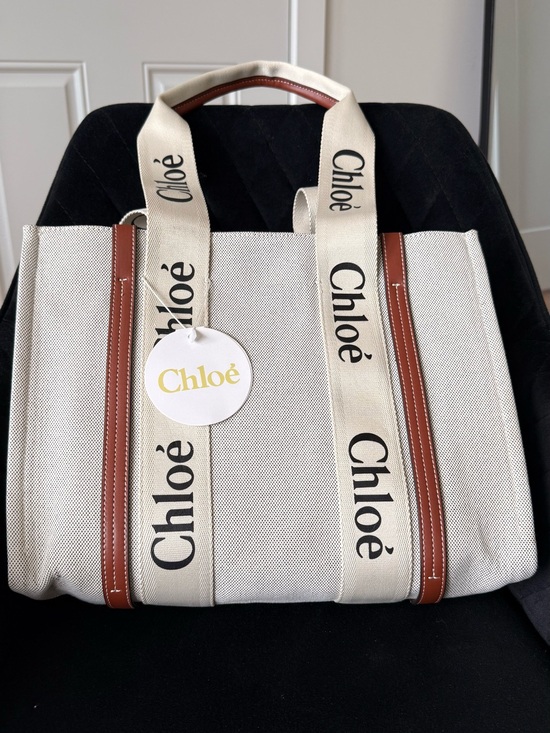 Chloe Handbags - Chloé Cream Canvas Tote with Tan Leather Trim and Black Logo Straps